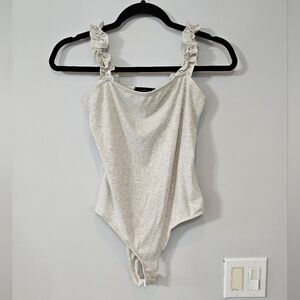 21 Saints Cream Ribbed Bodysuit Ruffle Strap Sleeveless Top